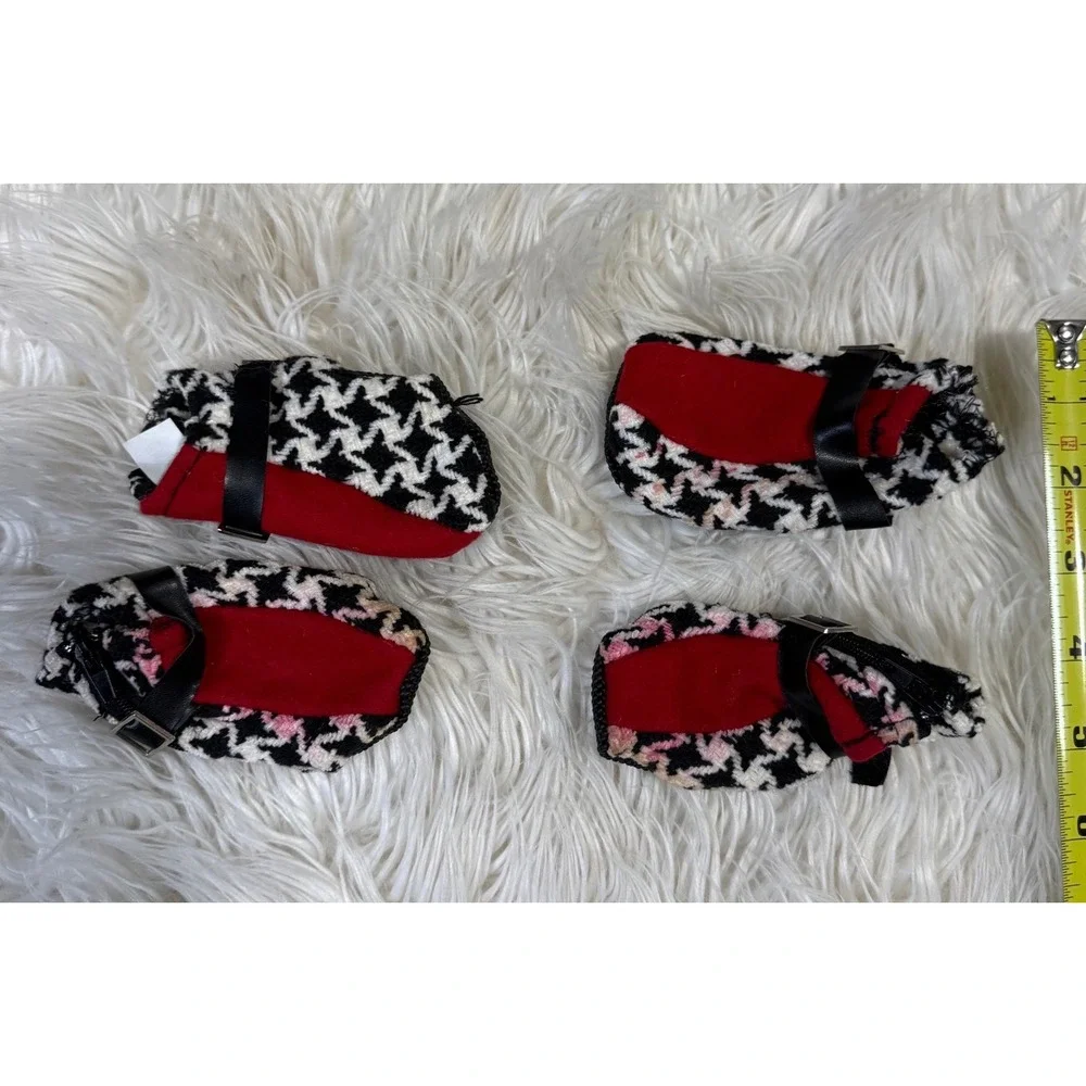 Houndstooth Dog Booties Set of 4 Black White Red Zipper Buckle Pet Shoes Small